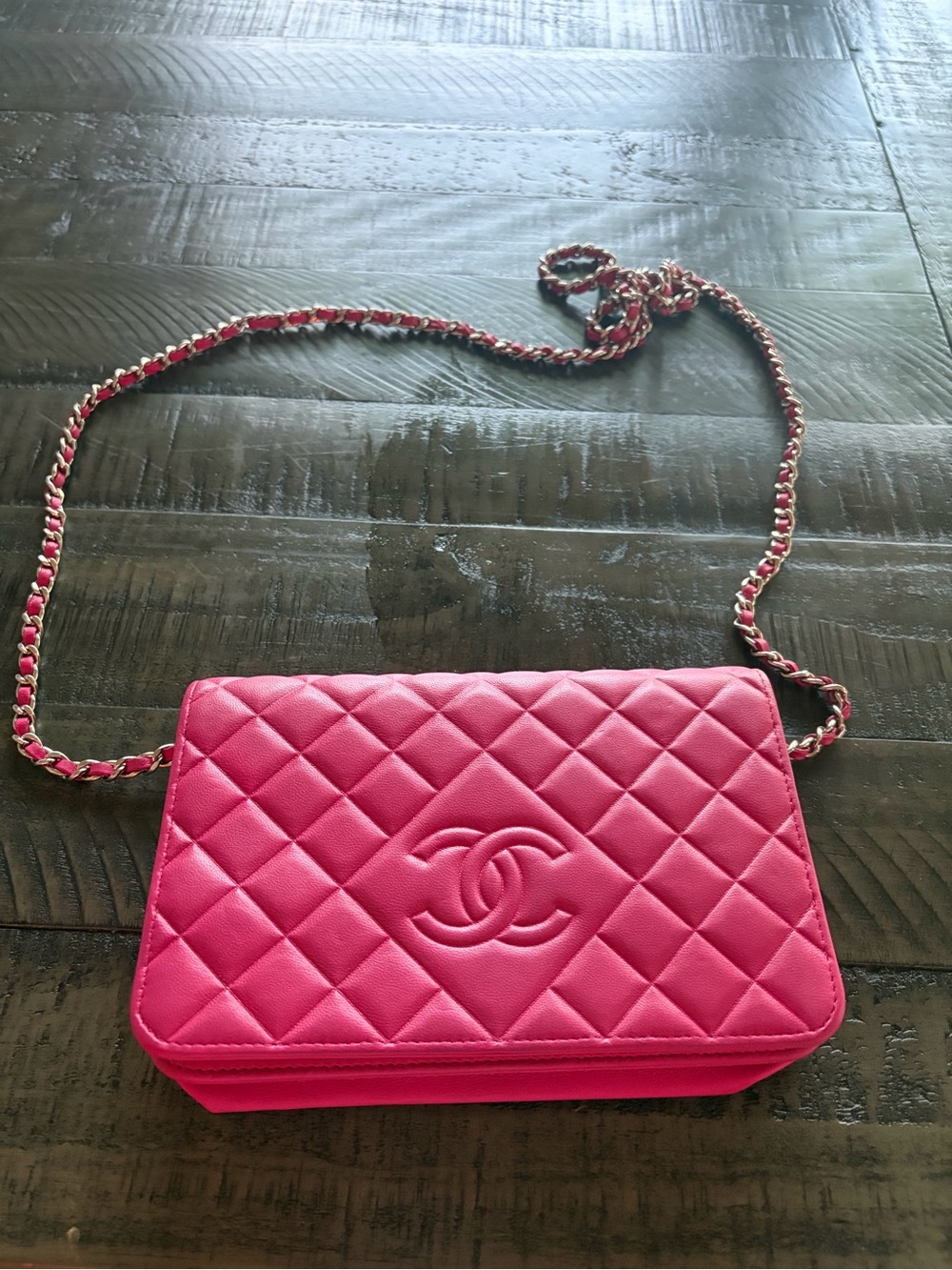 CHANEL Hot Pink Quilted Leather Crossbody Wallet on Chain immaculate